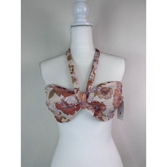 Shade and Shore 34D pink floral halter tie bandeau underwire bikini top NWT - Picture 1 of 5